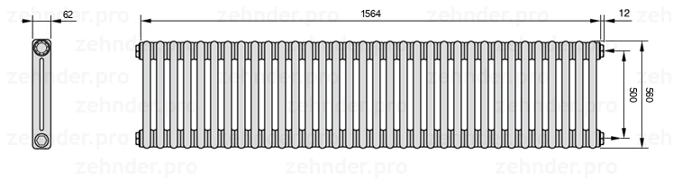 Схема (чертеж) Радиатор Zehnder Charleston 2056/34 №7610 Белый глянцевый RAL 9016